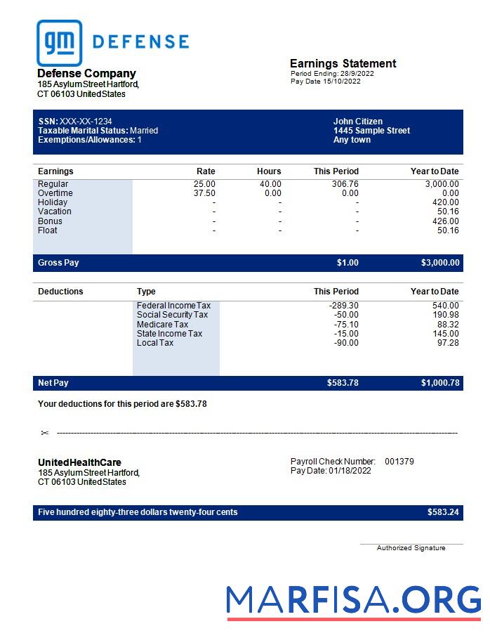 Printable Defence company earning statement sample